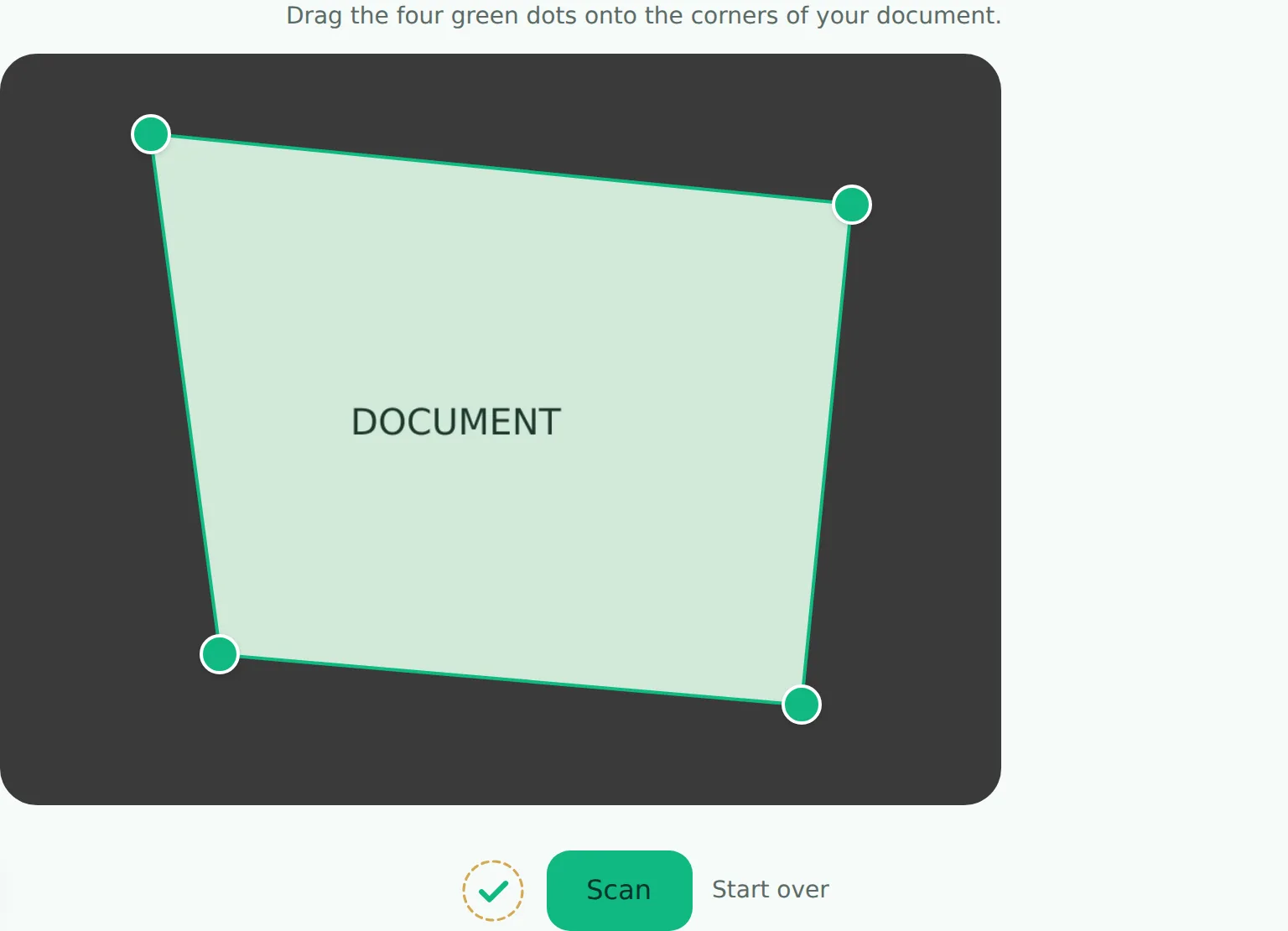 FileNorm's document scanner with the four green corner handles dragged onto a document photographed at an angle, ready for perspective correction
