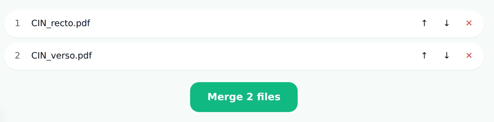 FileNorm's merge tool queuing two ID card scans, CIN_recto.pdf and CIN_verso.pdf, with reorder controls before combining them into one PDF