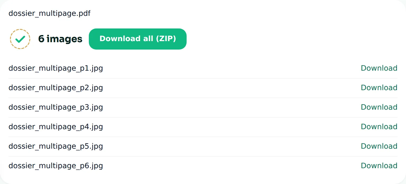 FileNorm's PDF-to-JPG tool result listing 6 converted page images with individual and ZIP download options