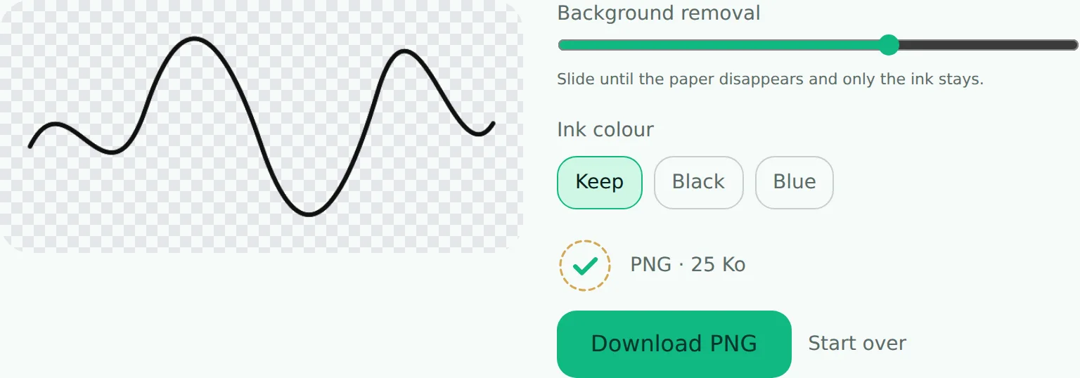 FileNorm's signature tool result showing a signature with its paper background removed, checkerboard pattern confirming true transparency, exported as a 25 KB PNG