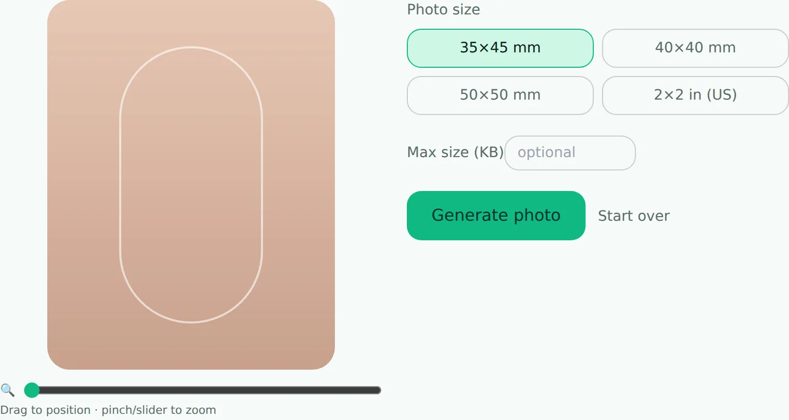 FileNorm's ID photo tool showing the head-alignment oval guide over a portrait, with 35x45mm, 40x40mm, 50x50mm and 2x2in US preset options