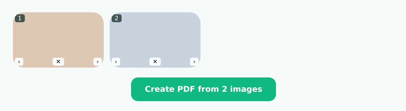 FileNorm's image-to-PDF tool with two photos queued in order, reorder and remove controls visible, and a Create PDF from 2 images button