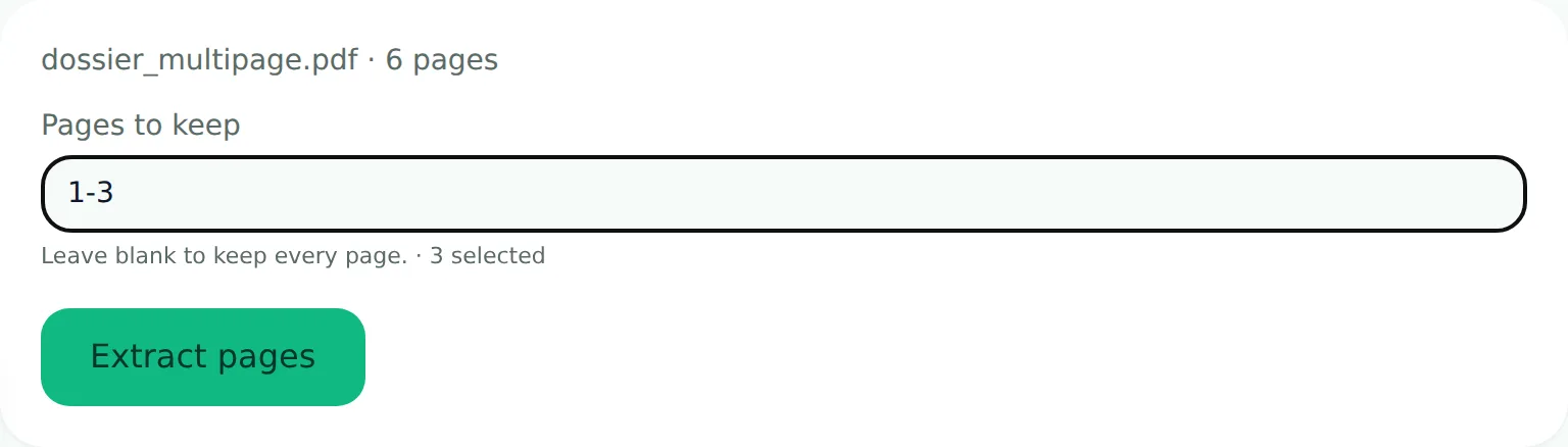 FileNorm's split tool with a 6-page PDF loaded, a 1-3 page range typed in, and an Extract pages button